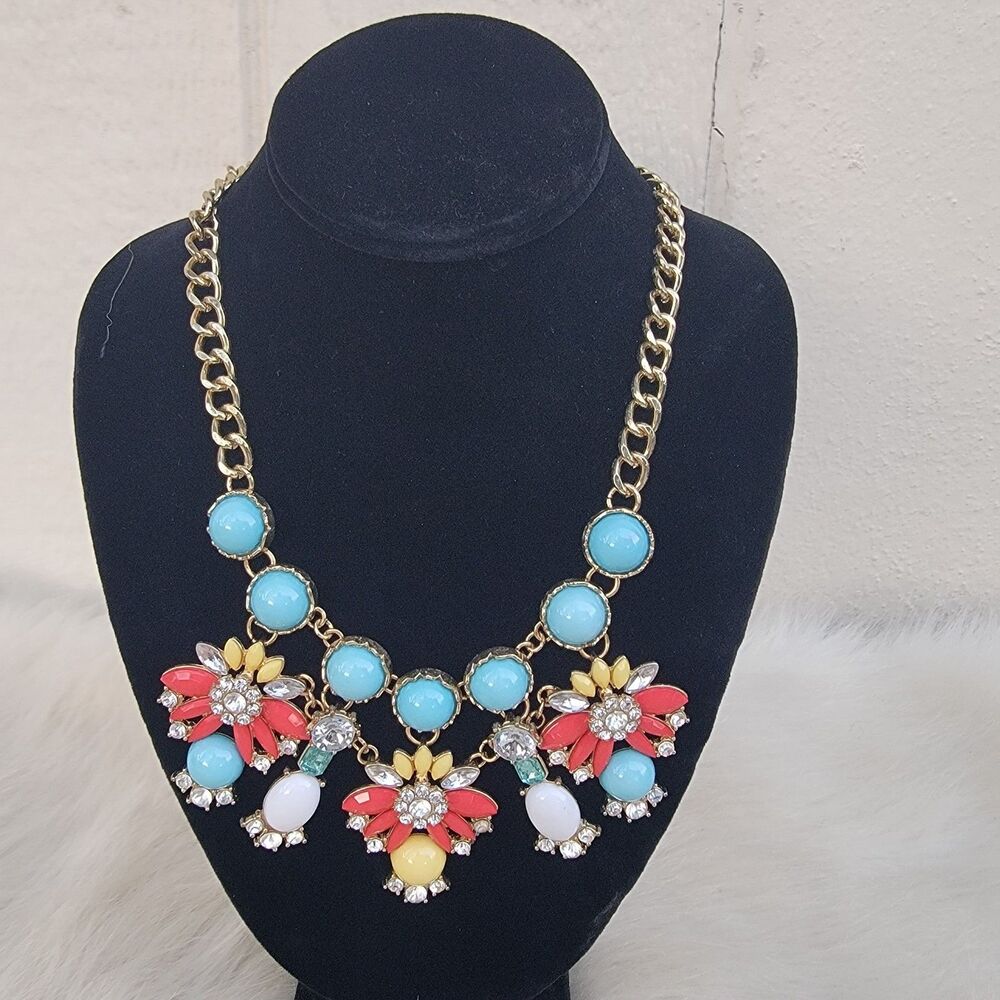 Statement Gold Tone Mulit Color blue , Orange, Yellow & Wht Bib Necklace